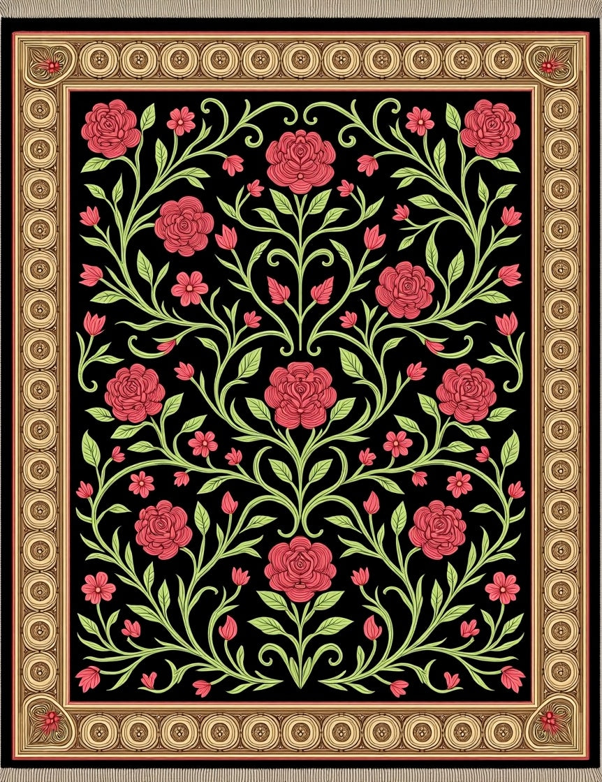 Crimson Roses Black Floral Garden Rug