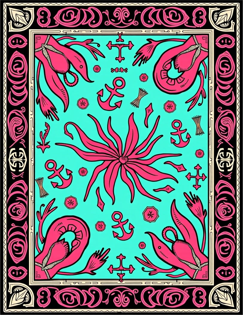 Pink Squid Turquoise Nautical Border Rug