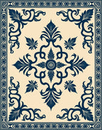 Deep Blue Scroll Corner Floral Rug