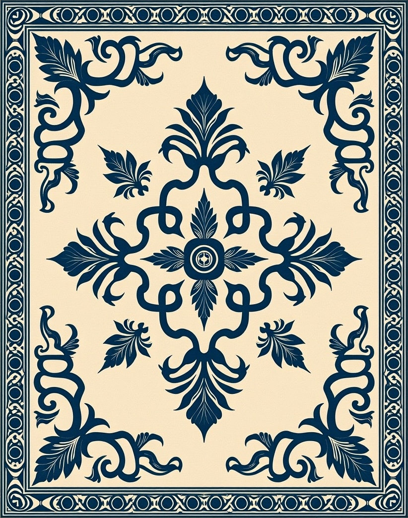 Deep Blue Scroll Corner Floral Rug