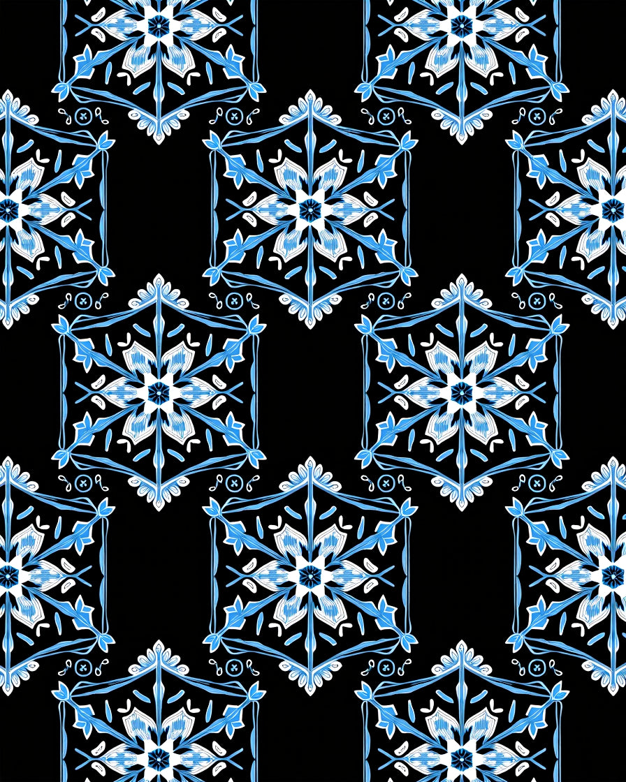 Blue White Geometric Hexagonal Medallion Rug