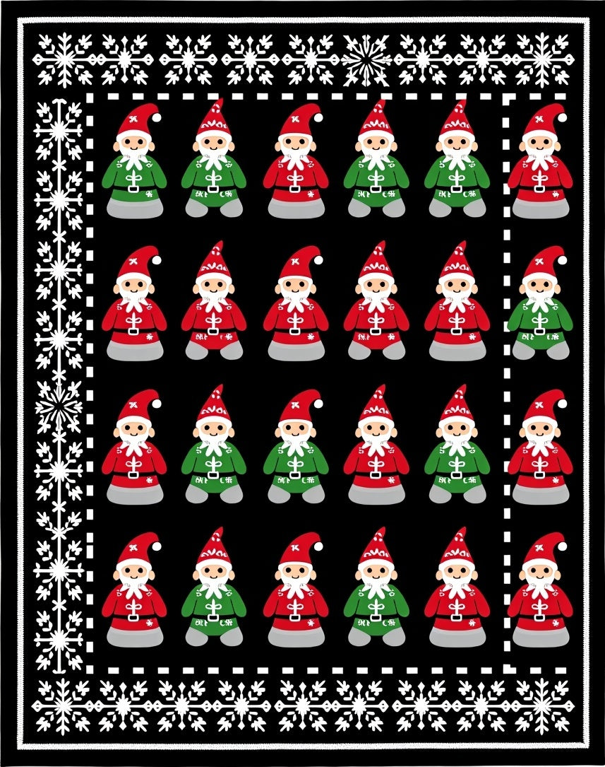 Festive Red Green Gnome Snowflakes Border Rug