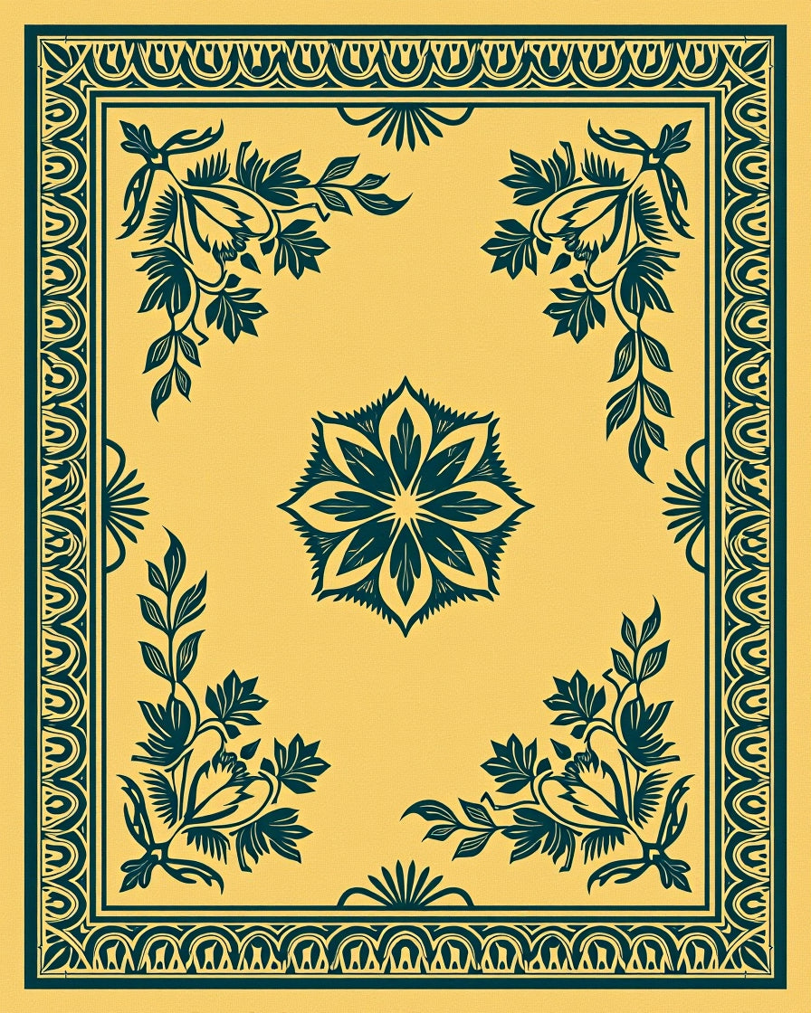 Golden Teal Floral Corner Arrangement Rug