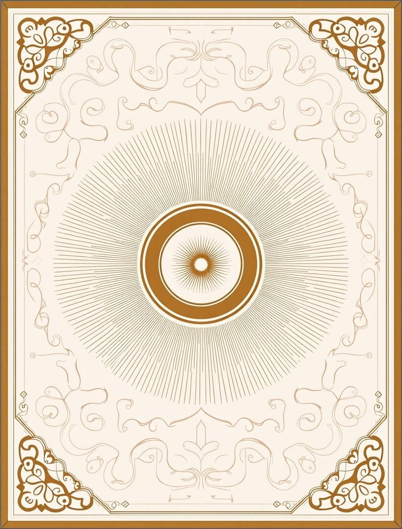 Golden Sunburst Medallion Scrollwork Border Rug