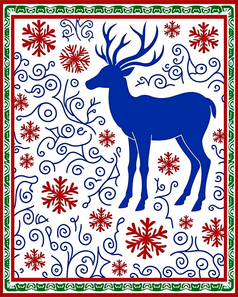 Royal Blue Reindeer Red Snowflake Swirls Rug
