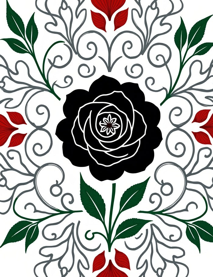 Bold Black Rose Garden Scroll Rug