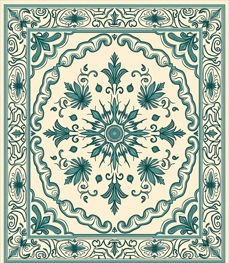 Teal Cream Vintage Floral Medallion Rug