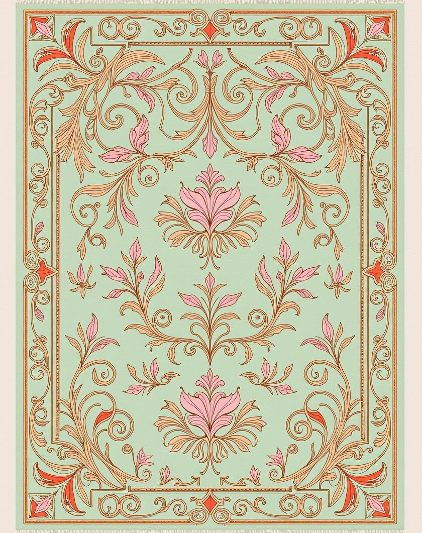 Ornate Mint Floral Scroll Rug