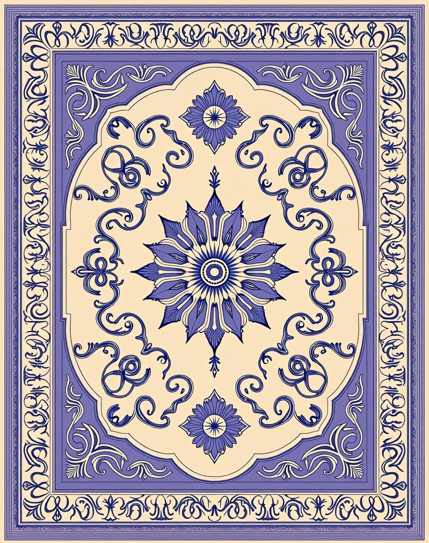 Ornate Blue Floral Medallion Ivory Rug