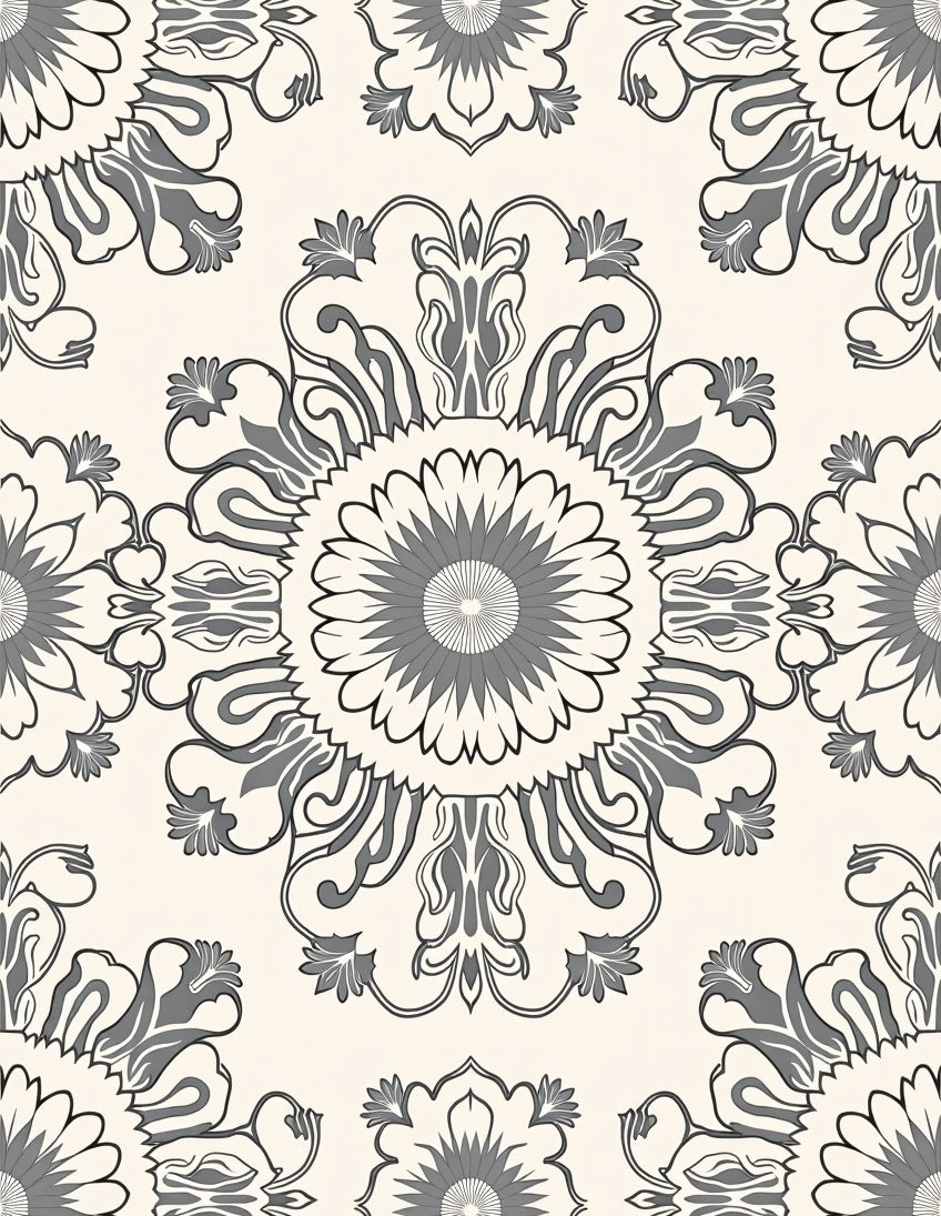 Gray Floral Medallion Cream Background Rug