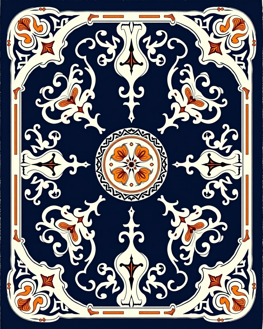 Navy Orange Floral Garden Medallion Rug