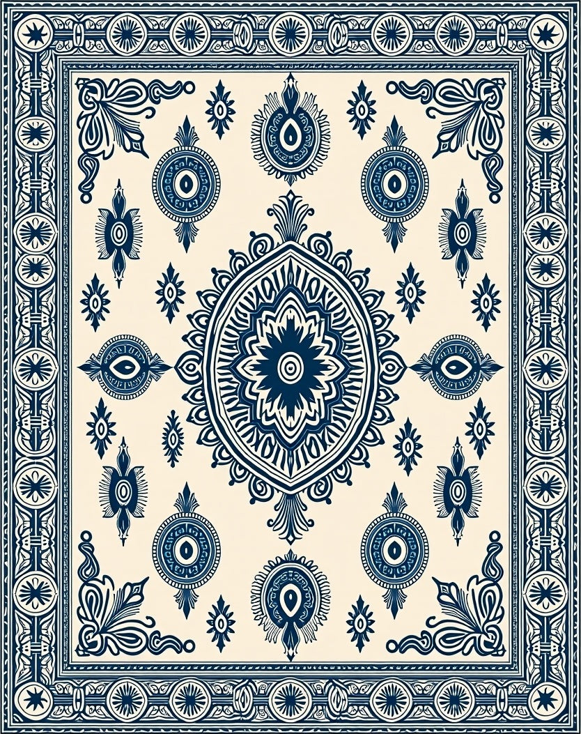 Deep Blue Medallion Garden Border Rug