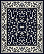 Dark Navy Cream Floral Scroll Border Rug