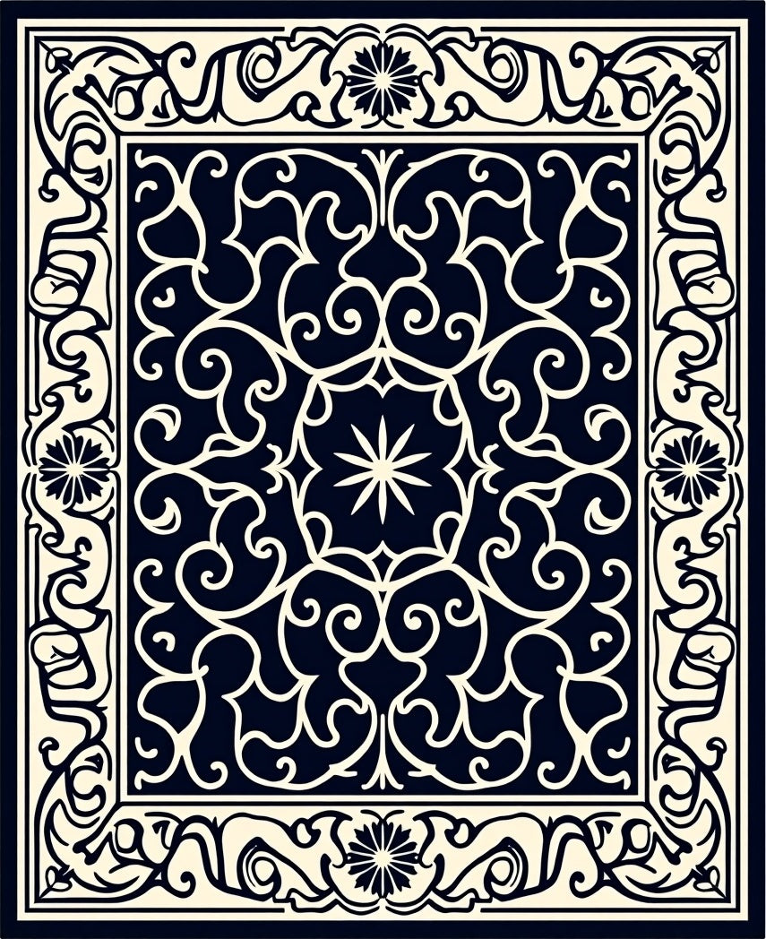 Dark Navy Cream Floral Scroll Border Rug