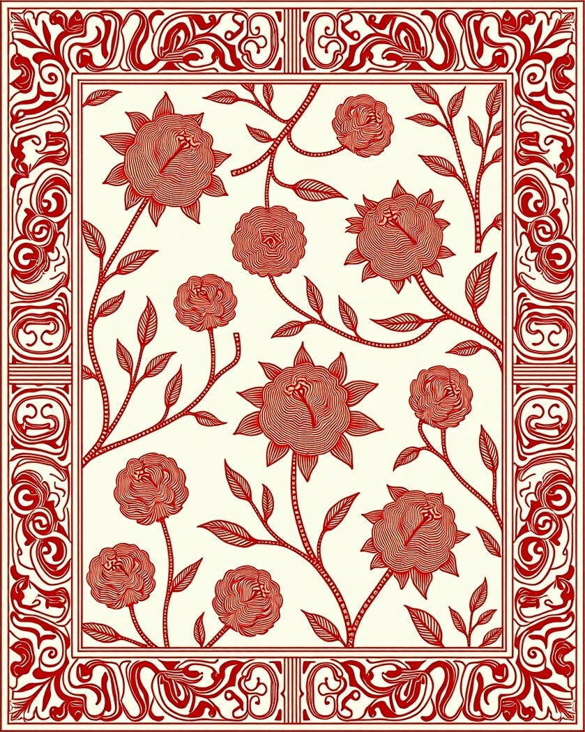 Scarlet Bloom Branch Border Field Rug