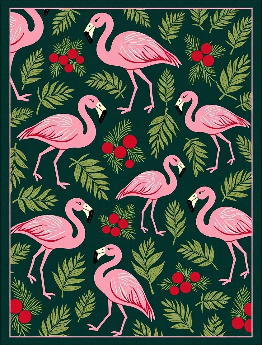 Pink Flamingos Green Tropical Foliage Rug