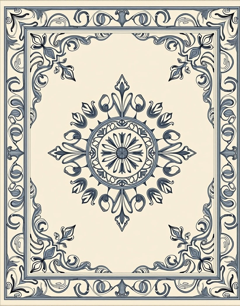 Cream Navy Floral Medallion Border Rug