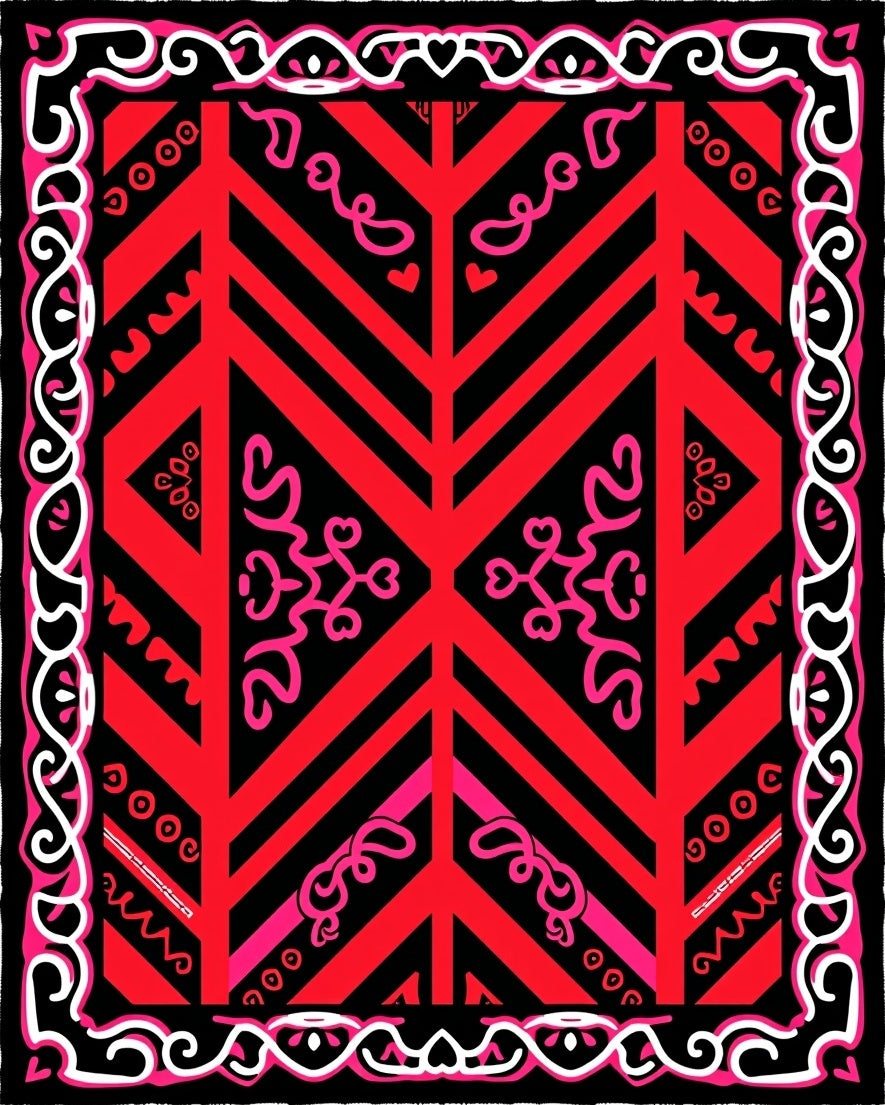 Vibrant Red Pink Geometric Border Rug