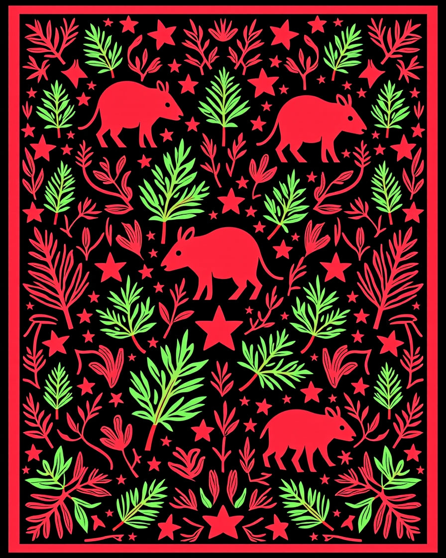 Vibrant Red And Green Animal Garden Rug