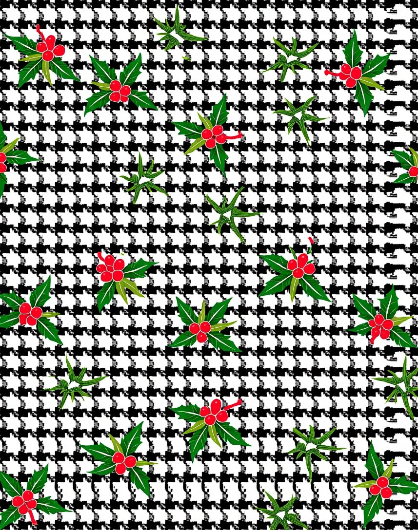 Black White Houndstooth Holly Berries Rug