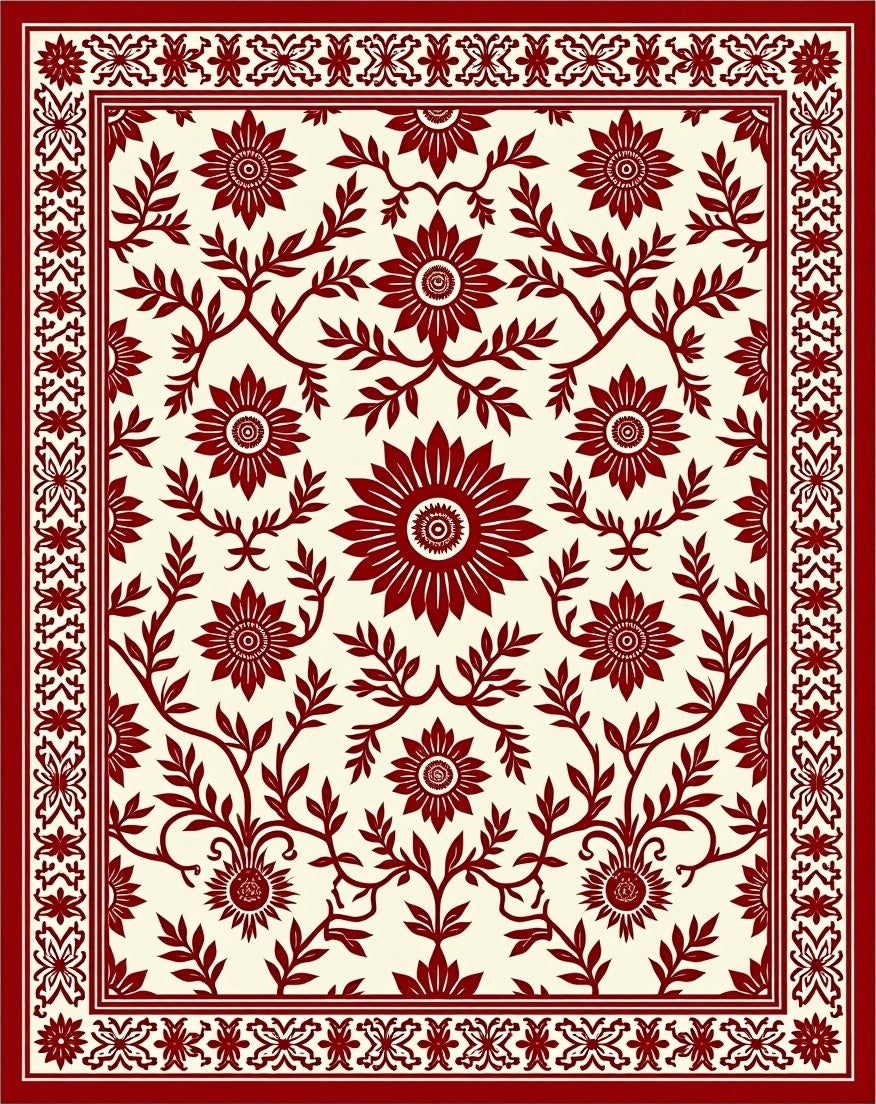 Crimson Floral Vine Bordered Rug