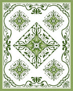 Green Floral Medallion Diamond Border Rug