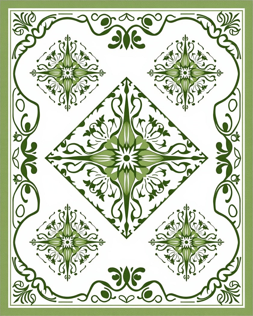 Green Floral Medallion Diamond Border Rug