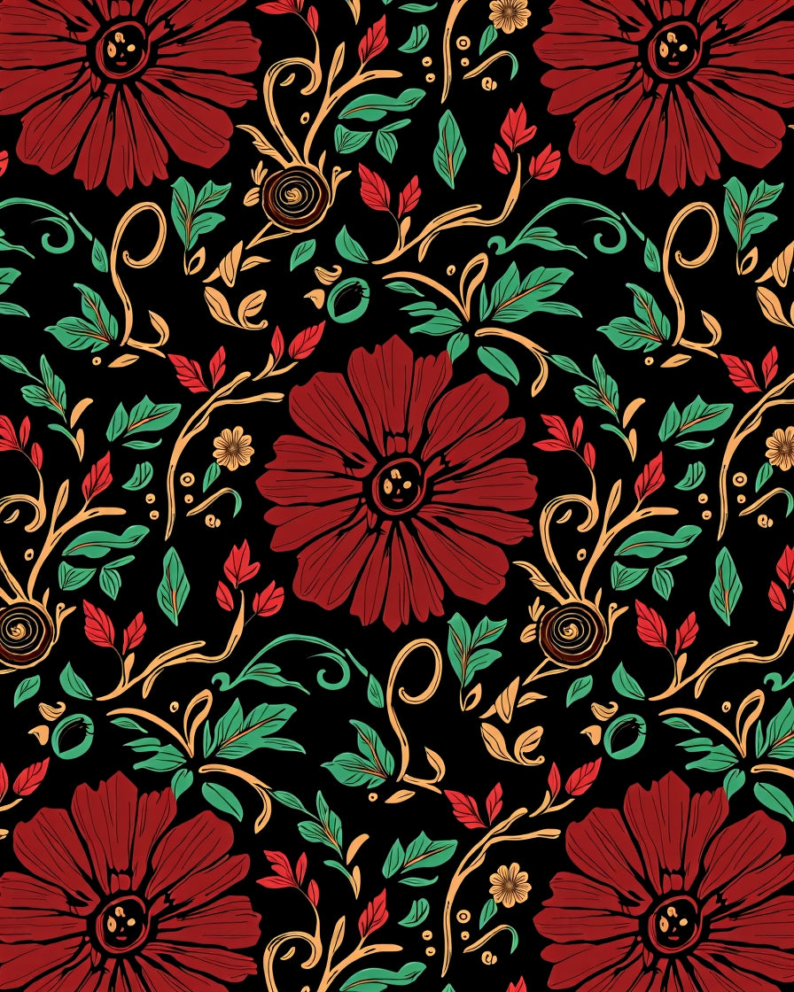 Dark Floral Vine Red Cream Accent Rug