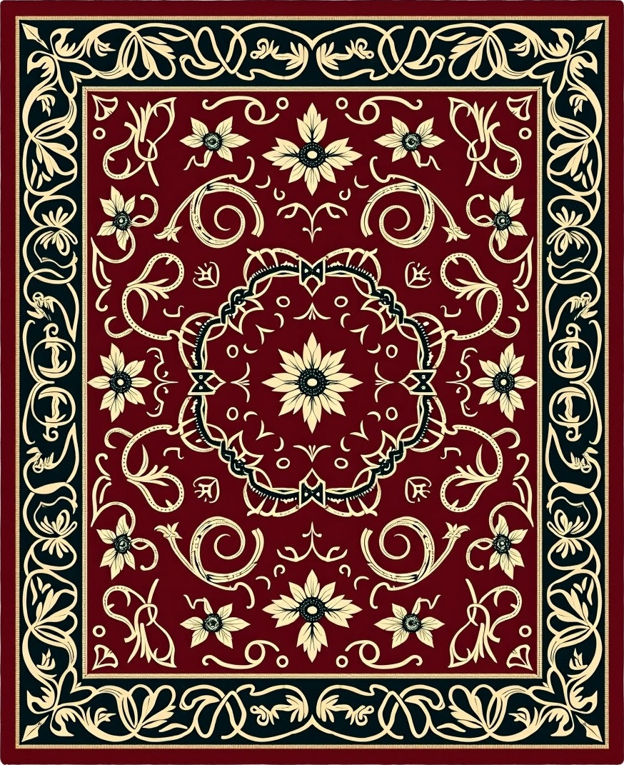 Crimson Cream Scrollwork Floral Medallion Rug