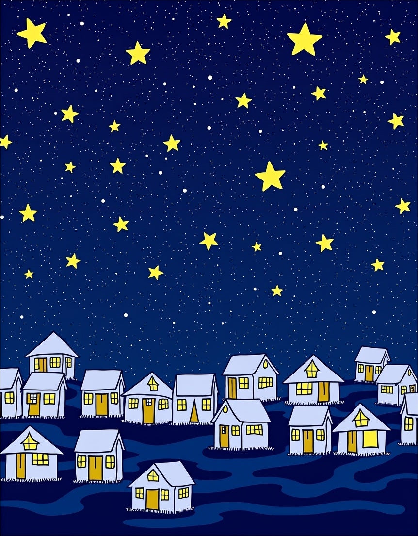 Charming Yellow Stars Night Village Rug