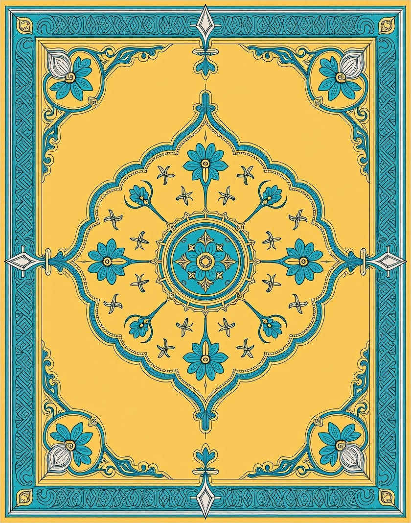 Golden Teal Floral Medallion Border Rug