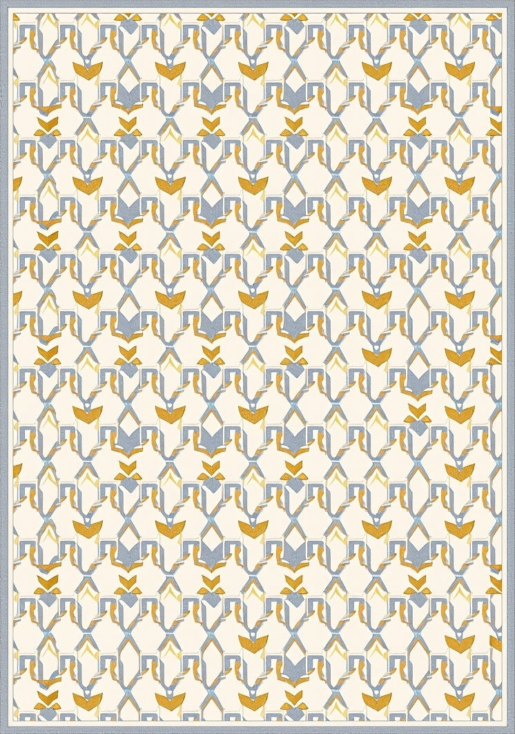 Cream Blue Gold Art Deco Lattice Rug