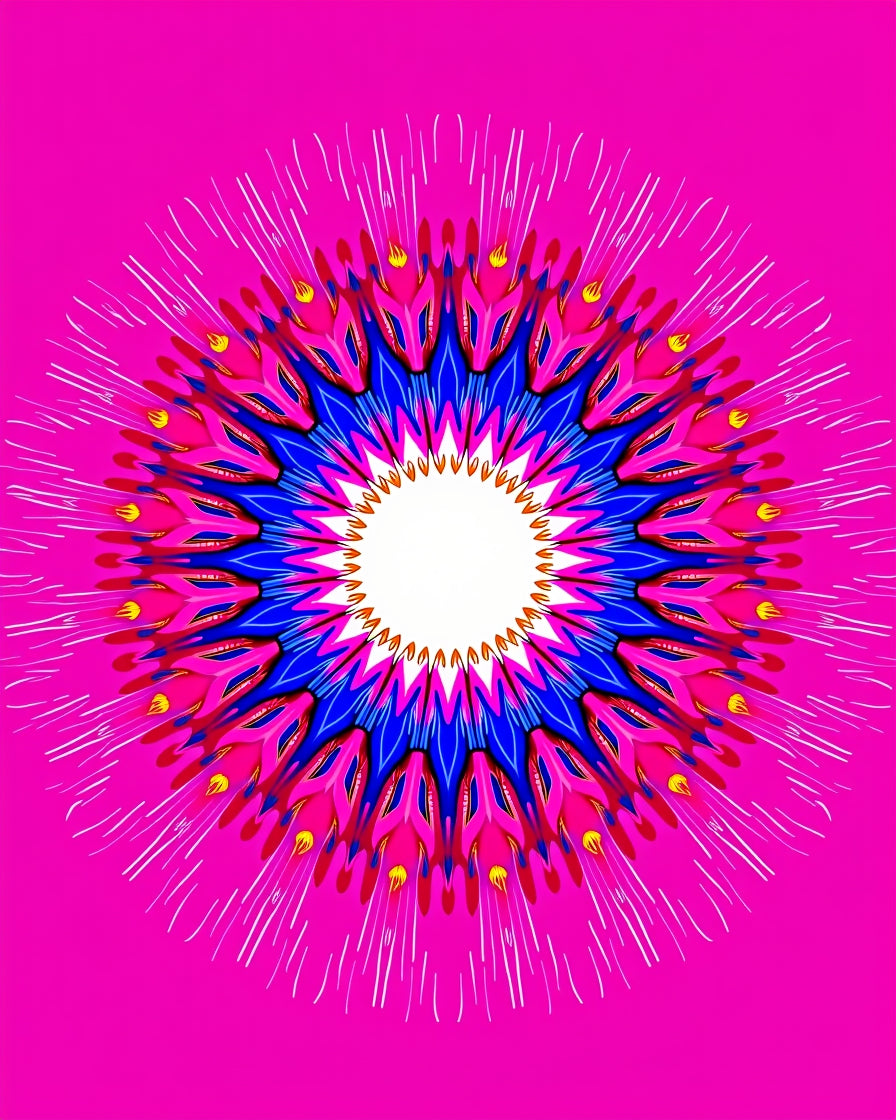 Vibrant Pink Blue Sunburst Mandala Rug
