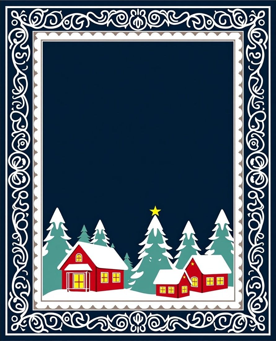 Festive Red Houses Winter Woods Border Rug