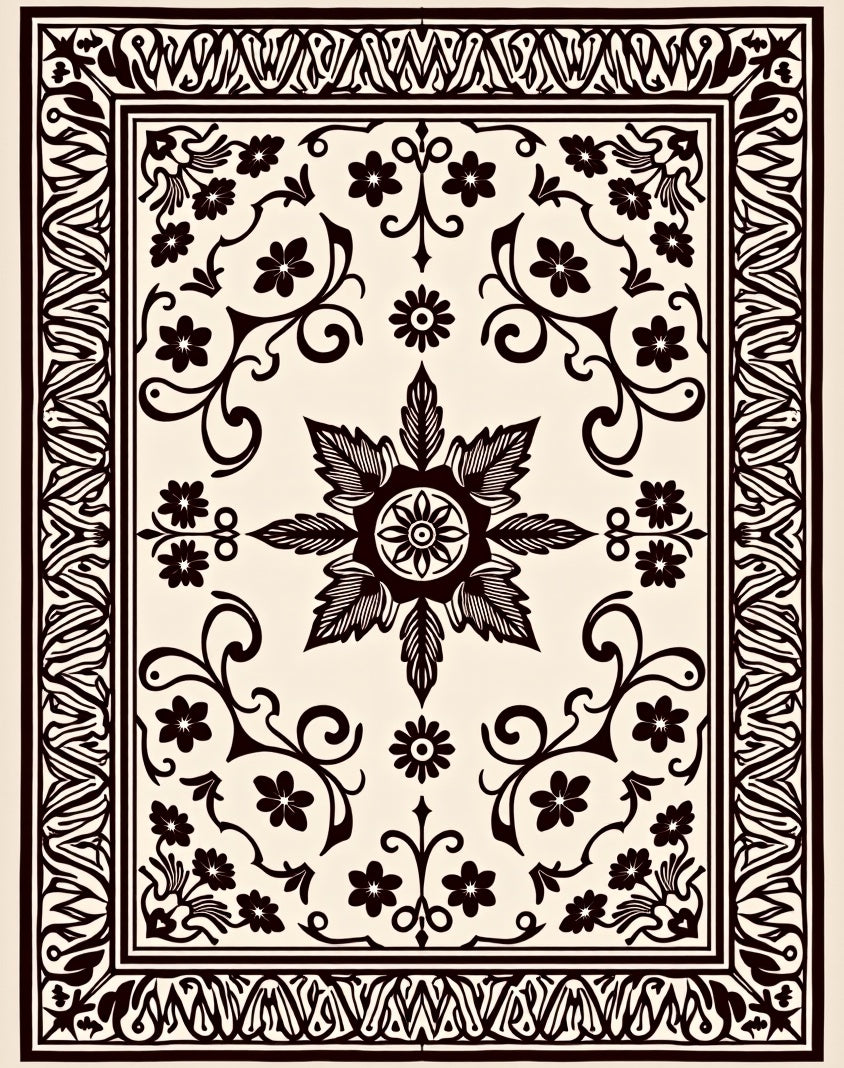 Cream Black Floral Botanical Garden Rug