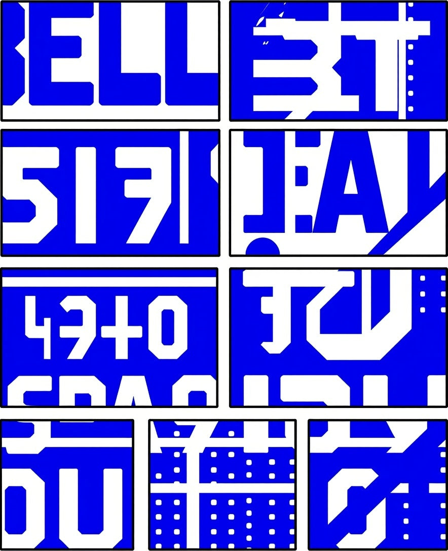 Bold Blue Geometric Text Collage Rug