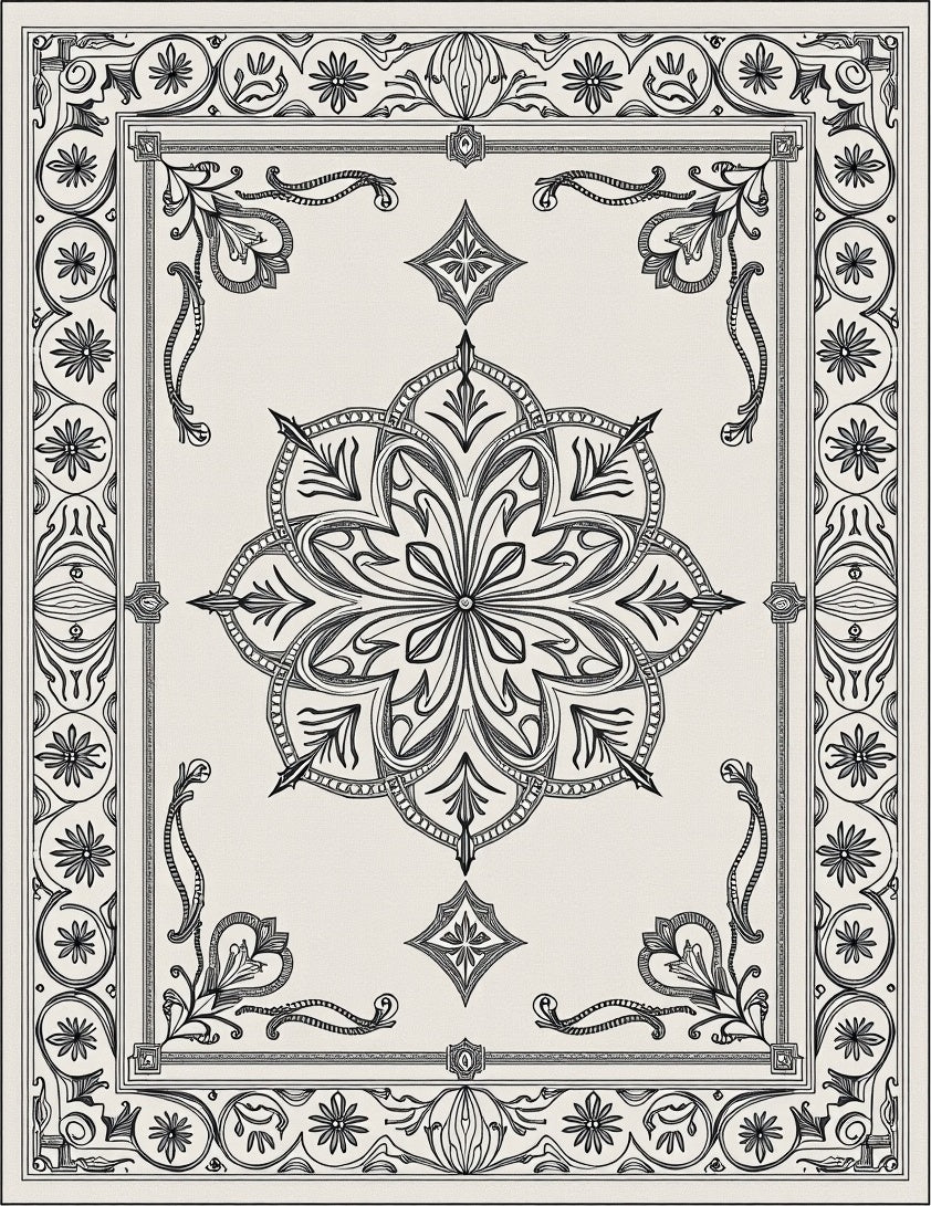 Vintage Black Floral Medallion Border Rug