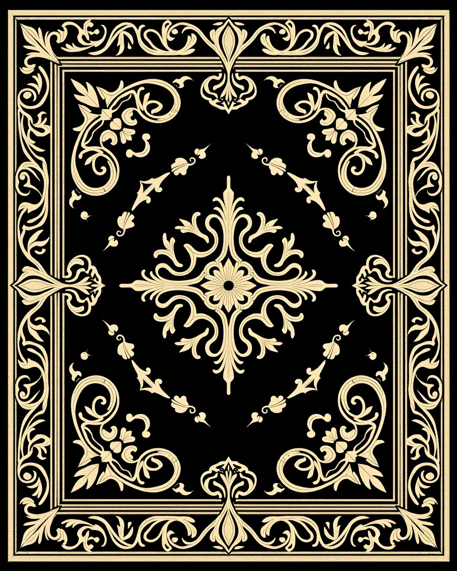 Black Gold Ornate Floral Border Rug