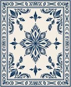 Dark Blue Floral Medallion Cream Rug