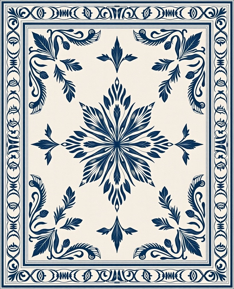 Dark Blue Floral Medallion Cream Rug
