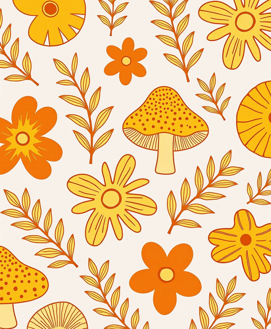 Groovy Orange Yellow Floral Mushroom Patchwork Rug