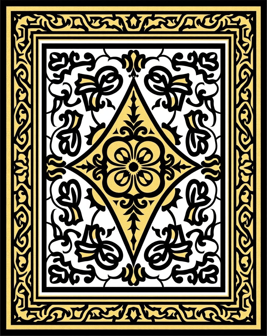 Gold Black Elaborate Floral Diamond Rug