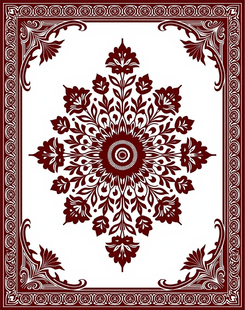 Deep Red Floral Medallion Frame Rug