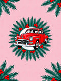 Retro Red Car Holly Wreath Rug