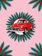 Retro Red Car Holly Wreath Rug