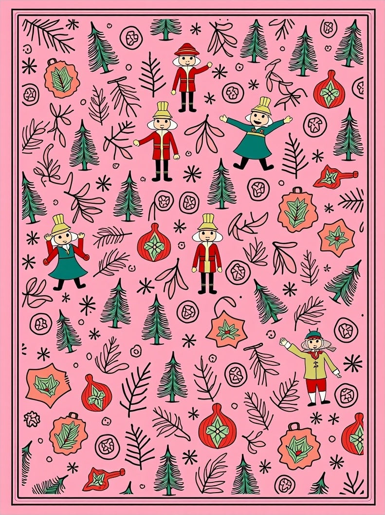 Pink Whimsical Christmas Characters and Trees Rug