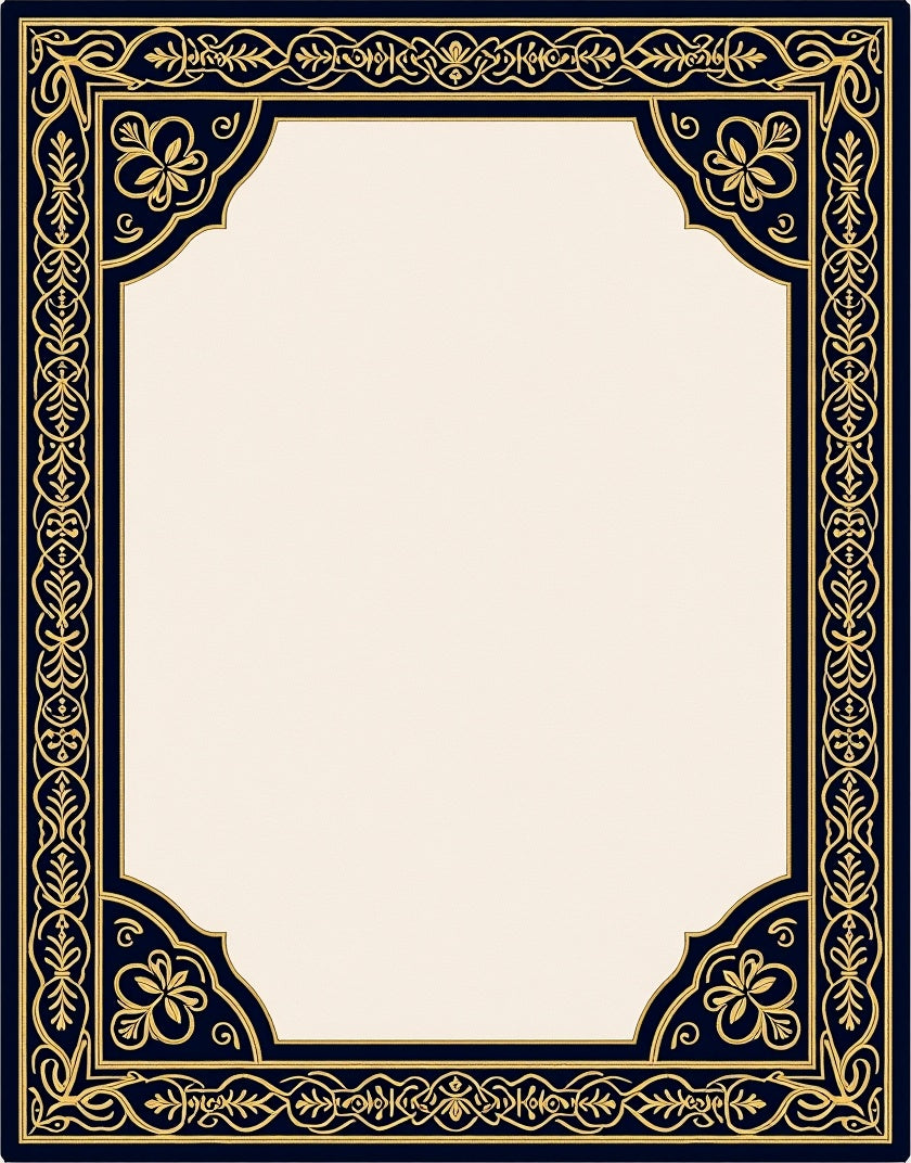 Ornate Gold Floral Navy Border Rug