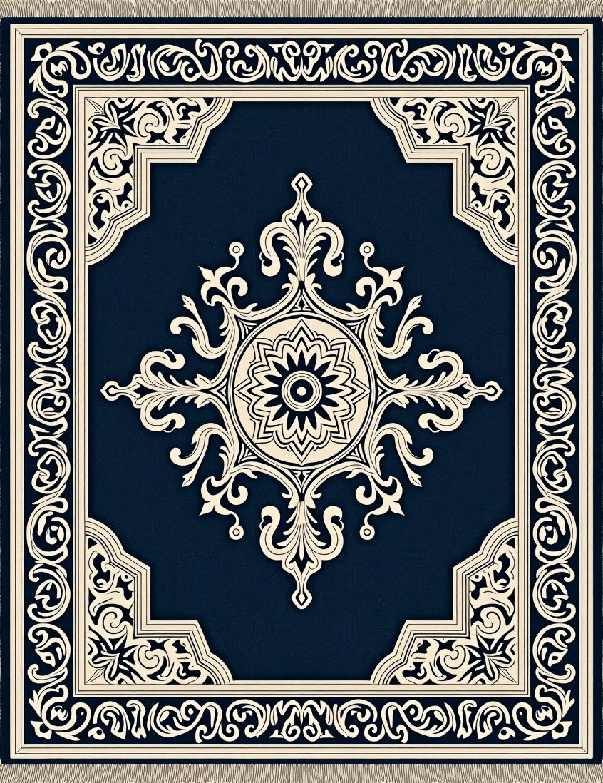 Deep Blue Cream Ornate Medallion Rug