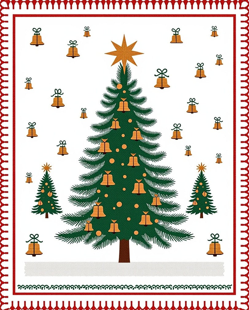 Christmas Tree Bells Star Red Border Rug