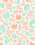 Playful Peach Cat Swirls Green Abstract Rug